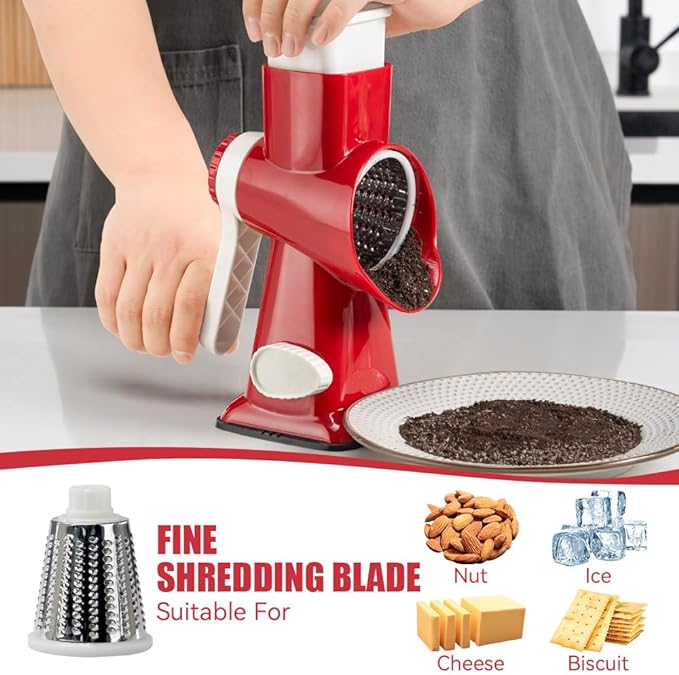 KEOUKE Rotary Cheese Grater Hand Crank Red - Shredder Slicer Grinder 3 Stainless Steel Blades, Stable Suction, Labor-Saving Handle, Safe Kitchen Tool for Cheese, Vegetable, Nuts, Chocolate