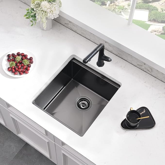 Black Undermount Bar Sink, 15 x 17 Inch Black Stainless Steel Undermount Kitchen Sink Single Bowl 16 Gauge Wet Bar Prep Basin