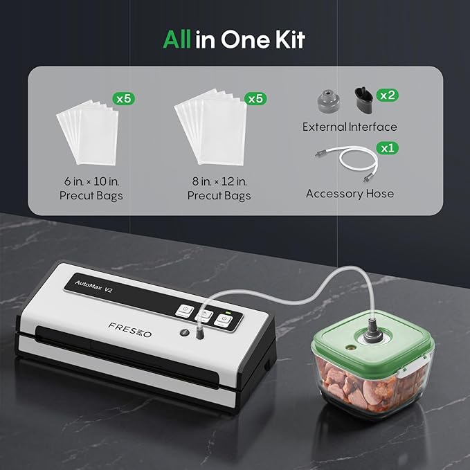 FRESKO Vacuum Sealer Machine with Automatic Bag Detection, Double Heat Seal, Compact Food Sealer, Easy to Use, Starter Kit