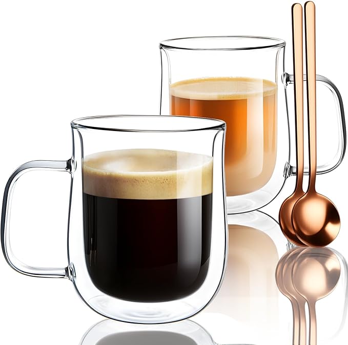 Double Walled Glass Coffee Mugs 12 OZ, Borosilicate Glass Coffee Cups Set of 2 with Spoons, Insulated Clear Coffee Mug for Hot Beverages, Cappuccino, Latte, Tea Bag.