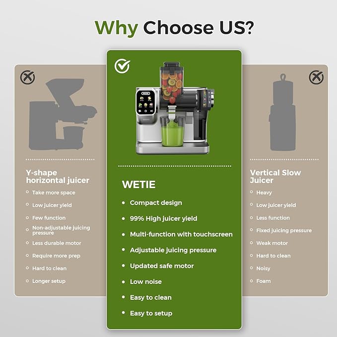 WETIE Cold Press Juicer, Powerful Juicer Machines with Adjustable Juicing Pressure, 99% High Juice Yield, Quiet Slow Masticating Juicer with Touch Screen, 3.54'' Feed Chute, Easy to Clean with Brush