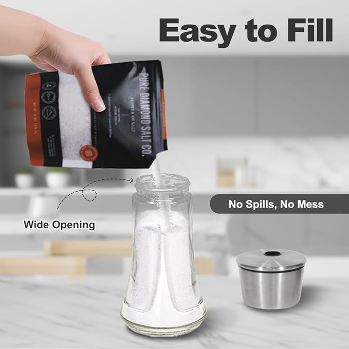 Glass Salt Pepper Shaker Set - 4 OZ Salt Shaker with Adjustable Pour Holes for Kitchen, Cooking, and BBQ Use