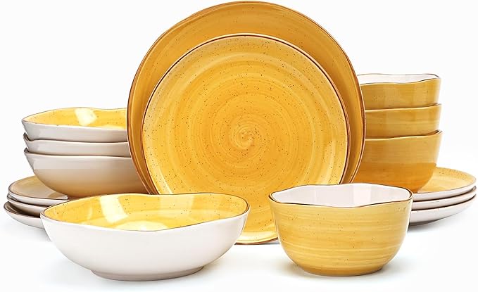 Highland 16-Piece Dinnerware Set Service for 4, Organic Shape Stoneware Plates and Bowls Set, Scratch Resistant, Microwave and Dishwasher Safe, Speckled Effect Handcrafted, Swirl Yellow
