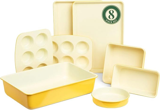 Larder & Vine 8-Piece Bakeware Set | Non-Stick Baking Set with Ceramic Finish | PFAS, PFOA, PTFE, and BPA Free Baking Essentials | Baking Sheets, Muffin Tins and Assorted Baking Pans | Limoncello