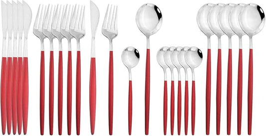 JASHII Flatware Serving Set 24 Piece, Stainless Steel Silverware Set, Red Silver Cutlery Set, Modern Elegant Tableware Set for Party, Christmas, Dinner (Red Silver)