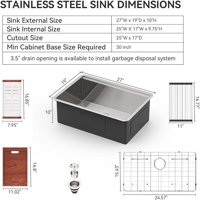 Lordear 27 Undermount Kitchen Sink 27x19 Inch 16 Gauge Stainless Steel Kitchen Sinks Under Counter Ledge Workstation Single Bowl Basin