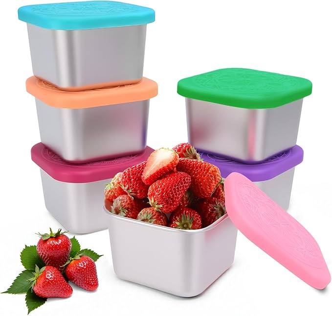 6Pack Stainless Steel Snack Containers for Kids, 6oz Easy Open Leak Proof Small Food Storage Container with Silicone Lids, Stackable Metal Toddler Lunch Box for Daycare, School and Travel