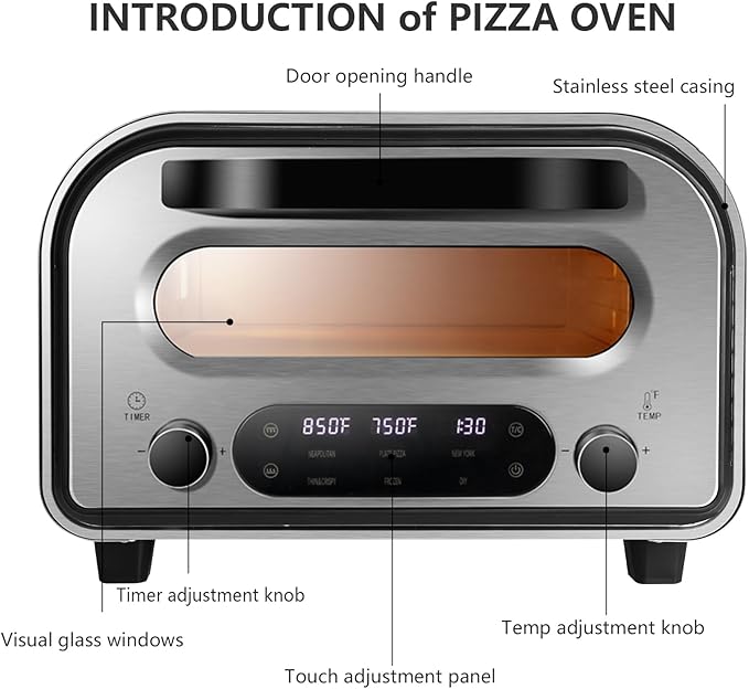 Electric Pizza Oven Indoor 1700W Countertop Pizza Maker Fast Heating up to 850°F Touchscreen 6 Preset Modes Adjustable Timer & Temp Knobs Used for Commercial & Home Kitchen in Silver