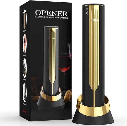 Rechargeable Electric Wine Opener with Charging Base & Foil Cutter, Automatic Corkscrew for 60 Bottles, Luxury Christmas Gift for Wine Lovers Women Men - Gold & Black