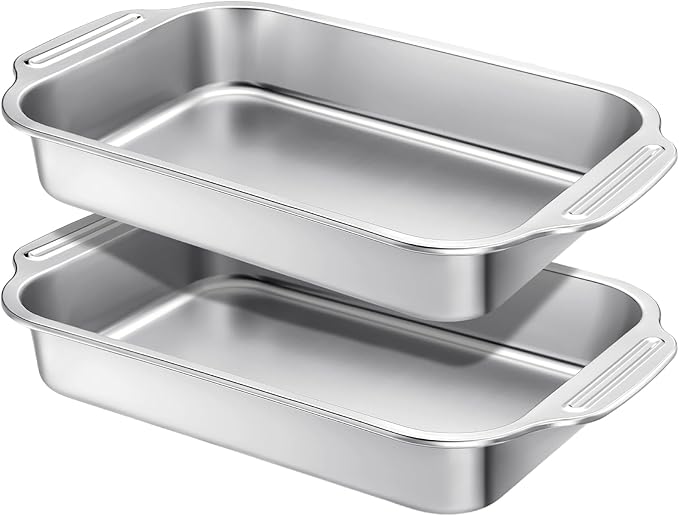 2 Pcs Stainless Steel Cake Pan Rectangle Sheet Baking Pan Bakeware for Fish Cakes Breads Casseroles Fish Vegetables Dishwasher Safe(Handle,12" X 8" X 2.17")