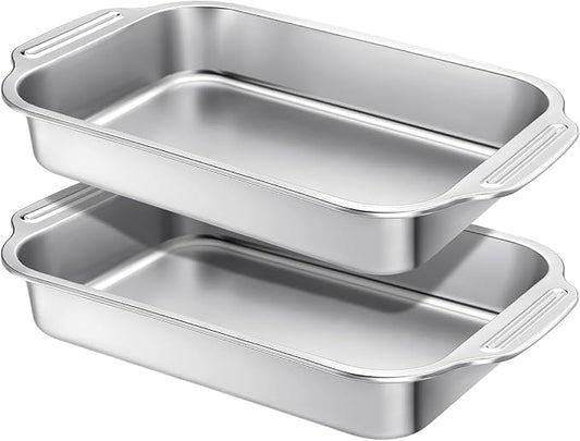 2 Pcs Stainless Steel Cake Pan Rectangle Sheet Baking Pan Bakeware for Fish Cakes Breads Casseroles Fish Vegetables Dishwasher Safe(Handle,12" X 8" X 2.17")