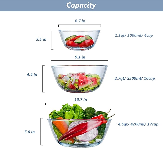 WhiteRhino Glass Mixing Bowls Glass Bowls with Lids Set(4.5QT,2.7QT, 1.1QT),Large Salad Bowls,glass mixing bowl Space-Saving Nesting Storage bowls for Cooking,Baking,Prepping,Dishwasher Safe