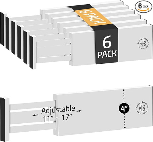 6 Pack Drawer Dividers 4 Inch High, 11”-17" Adjustable Bamboo Organizers Large Expandable Drawer Separators for Cloths, Dresser, Bedroom, Bathroom, Baby Drawer, Office & Kitchen Utensils (White)