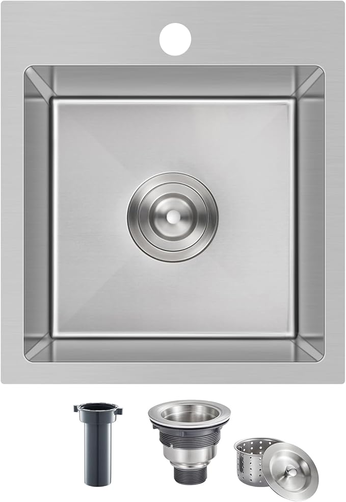 13 × 15 x 8 inch Drop in Bar Sink, Topmount Small Kitchen Sink Single Bowl, Handmade T-304 Stainless Steel Overmount Kitchen Bar Sink with Basket Strainer