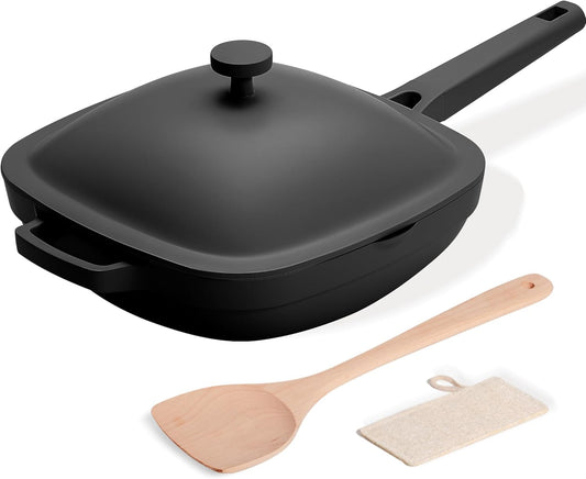 10.5 Inch(3.8QT) Ceramic Pan with Lid,Non Stick Frying Pans Cast Aluminum Deep Sauté Pans,Ti-Ceramic Non Toxic Pix Pan with Wooden Spatula and Scrubber-Midnight Hearth