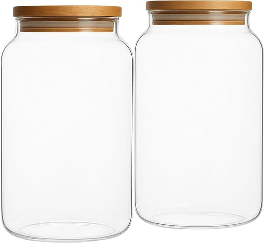 Large 1 Gallon Glass Large Jar with Airtight Bamboo Lid - High Borosilicate Canister for Kitchen Food Storage Organizing, Terrarium, Pantry Decorative Container & Laundry Room - Pack of 2