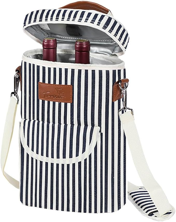 Tirrinia 2 Bottle Wine Gift Tote Carrier - Leakproof & Insulated with large pockets Wine Cooler Bag for Travel, Wine Tasting, Party, Dinner,Great Gift for Wine Lover