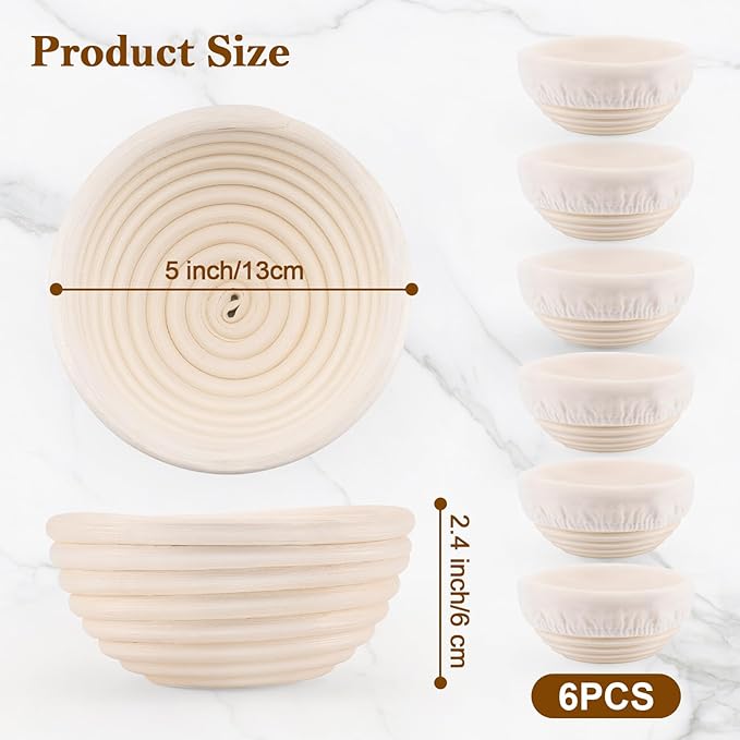 5 Inch Mini Banneton Bread Proofing Basket Set of 6, REMEIT Sourdough Bread Baking Supplies, Small Banneton Basket Proofing Baskets for Sourdough Bread Baking