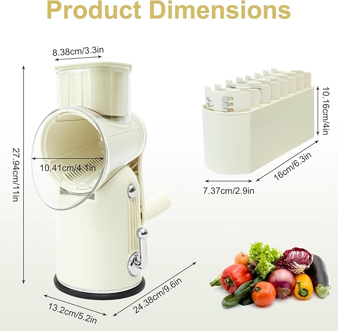 5 in 1 Cheese Grater with Rotary Hand Crank - Vegetable Chopper with Replaceable Stainless Blades, Strong Suction Base, Handle, Blade Storage Box, Easy-Clean Multipurpose Kitchen Slicer (White)