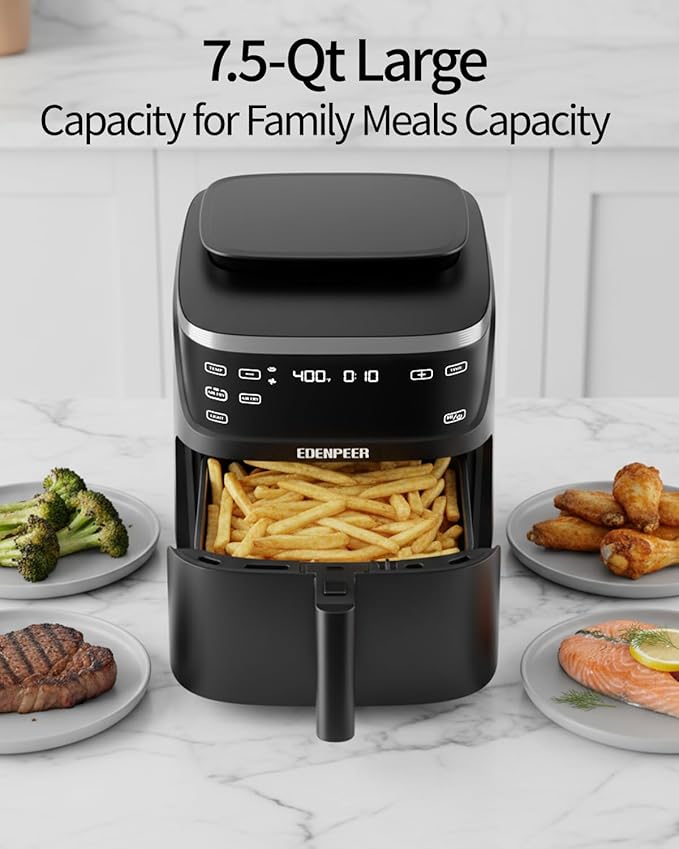12-IN-1 Large Air Fryer, Non Toxic Steam Air Fryers with Superior Airflow, Self-Cleaning Smart Digital Air Fryer, Air Fry, Roast, Reheat, Dehydrate, Air Crisp Technology with 420F, 7.5 QT