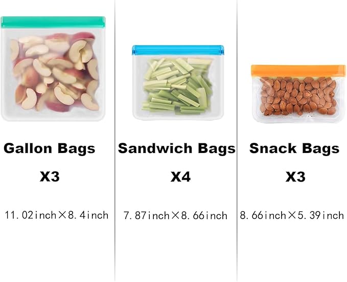 10 Pack reusable bags, Leakproof Reusable Freezer Bags, BPA Free silicone food storage bags for Lunch Marinate Food Travel - 3 Gallon 3 Snack 4 Sandwich Bags.