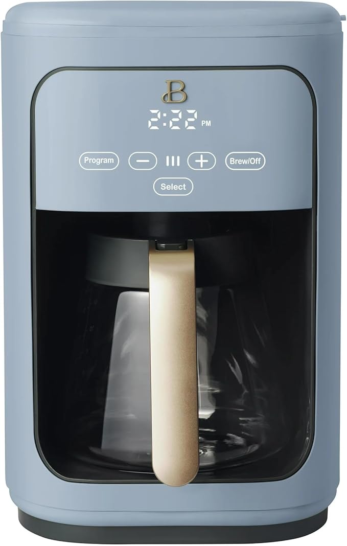 Beautiful 14-Cup Programmable Drip Coffee Maker | Touch-Activated Display, 24-Hr Auto Brew, Reusable Gold-Tone Filter, Charcoal Water Filter, 3 Strengths by Drew Barrymore (Cornflower Blue)