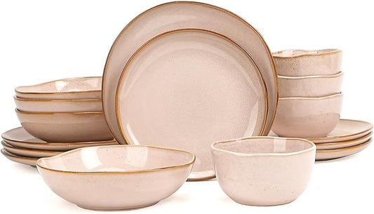 Highland 16pc Dinnerware Set, Unique Organic Shape Double Bowl， Stoneware Plate & Bowl Dish Set Service For 4, Scratch Resistant, Microwave & Dishwasher Safe, Natural Reactive Glaze, Pink
