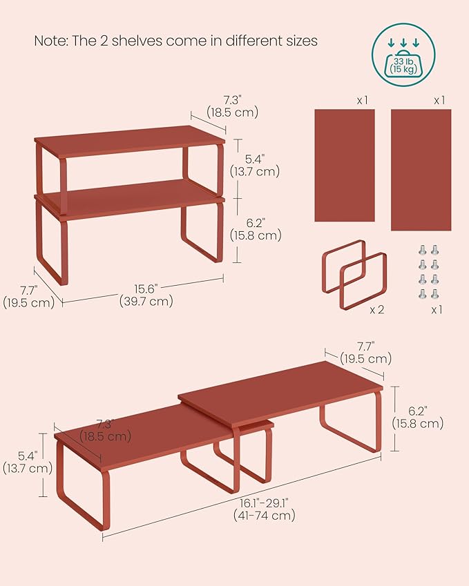 SONGMICS Cabinet Organizer Shelf, Set of 2 Kitchen Counter Shelves, Kitchen Storage, Spice Rack, Stackable, Expandable, Metal and Engineered Wood, Mandarin Red UKCS200Y02