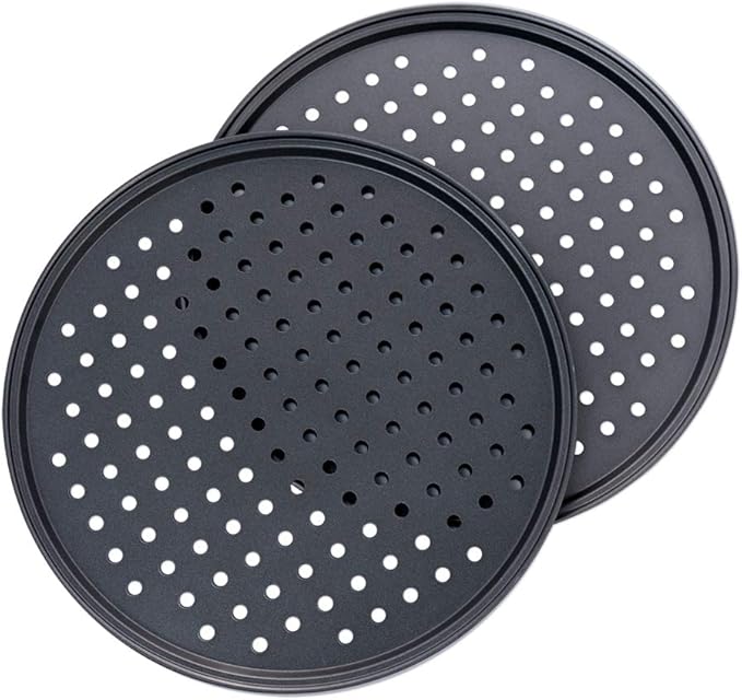 Pizza Pan With Holes, 2 Pack Carbon Steel Perforated Non-Stick Tray Tool Crispy 12inch Round for Home Kitchen