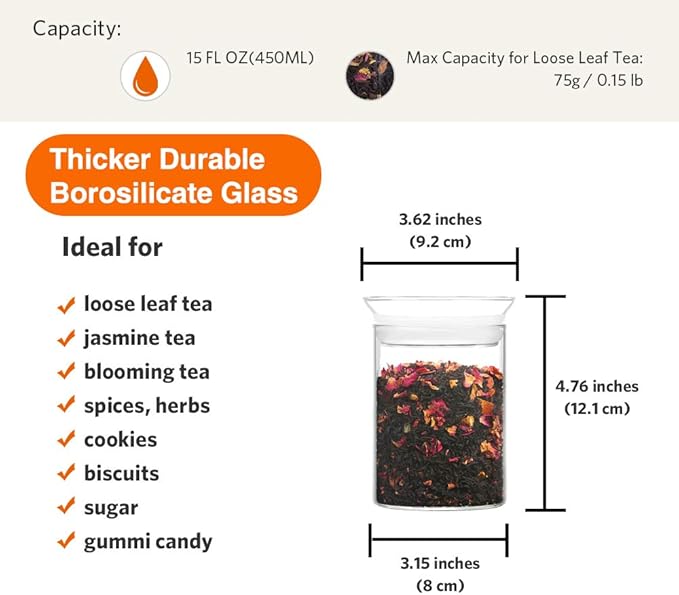 ZENS Airtight Glass Jar Container,15 Fluid Ounce Clear Glass Canister with Lid, Food Storage Jars for Kitchen Spice or Loose Tea,450ml