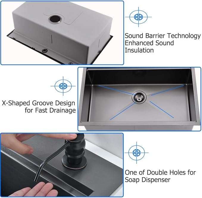 33 Black Drop in Kitchen Sink, 33 x 19 Inch Black Stainless Steel Kitchen Sink Single Bowl 16 Gauge Workstation Top Mount Deep Basin