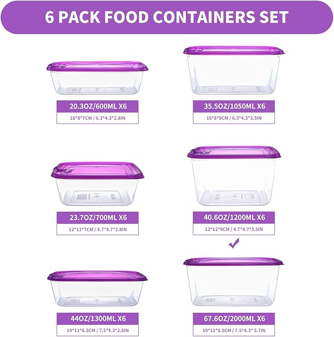 KIGI 6 PACK Plastic Food Storage Containers with Lids Airtight Square Meal Prep Containers TO GO Containers