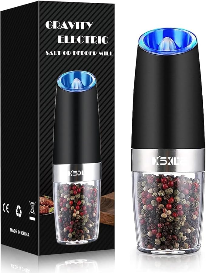 Gravity Electric Pepper/Salt Grinder, Salt or Pepper Mill & Adjustable Coarseness, Battery Powered with LED Light, One Hand Automatic Operation - Single/Black