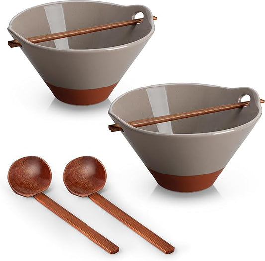 MALACASA 42 oz Ceramic Ramen Bowl Set with Wooden Spoon & Chopsticks, Japanese Style Soup Bowls for Ramen, Pho, Noodles – Set of 2, Microwave & Dishwasher Safe, Series TARA (Brown and Khaki)