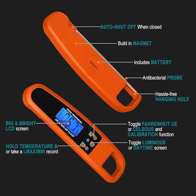 Instant Read Meat Thermometer for Kitchen Cooking, Ultra Fast Precise Waterproof Digital with Backlight, Magnet and Foldable Probe for Food,Deep Fry, Outdoor BBQ, Grill(Orange)