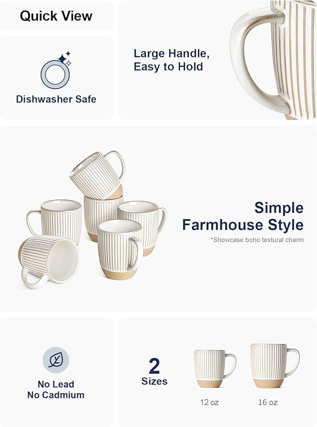 LE TAUCI Coffee Mugs 16 oz,Ceramic Mug Set, Embossment Cups for Latte, Hot Tea, Cappuccino, Mocha, Cocoa,Suit For Housewarming Wedding- 3.8 inch, Set of 6, Arctic White