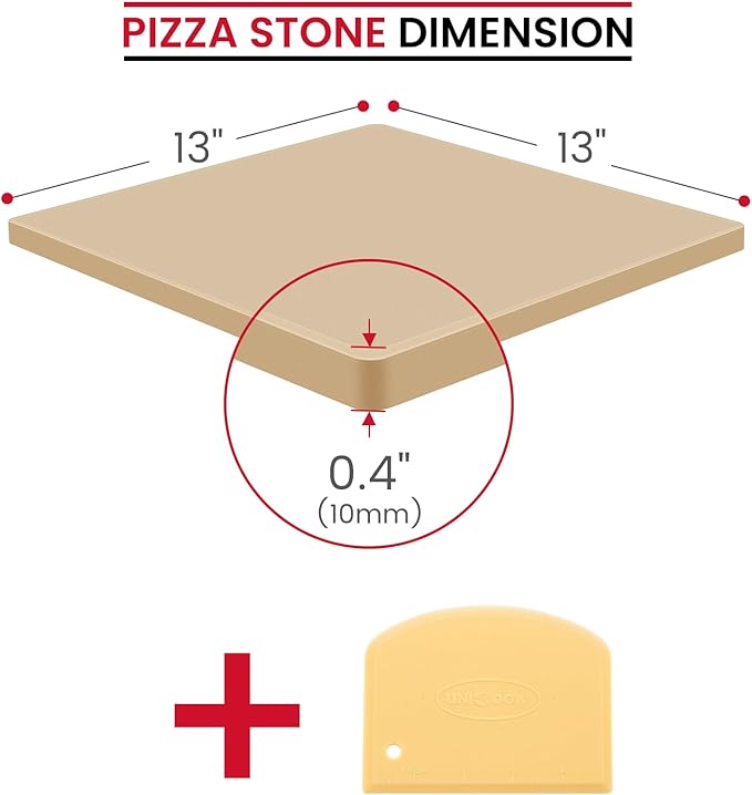 Unicook Pizza Stone for Oven and BBQ Grill, 13 Inch Square Baking Stone for Bread, Cordierite Thermal Shock Resistant Pizza Making Accessory for Oven and Grill, Including Dough Scraper