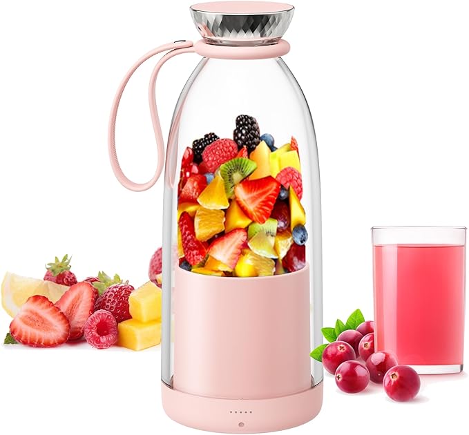 Asa Vea Mini Blender for Smoothies and Milkshakes, Portable Blender, Rechargeable, Personal Size Blender with Quota Outer Travel Lid with 4 Blades, 11 oz for Outdoors, Camping (Pink-550ml)