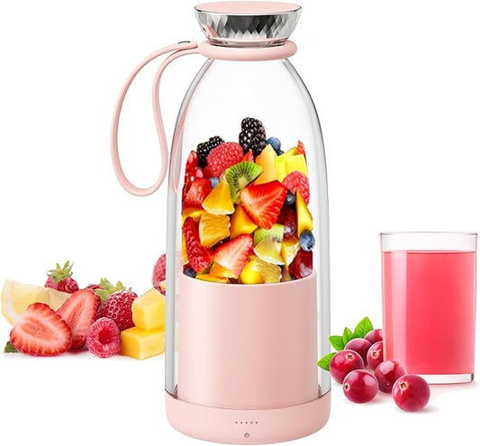 Asa Vea Mini Blender for Smoothies and Milkshakes, Portable Blender, Rechargeable, Personal Size Blender with Quota Outer Travel Lid with 4 Blades, 11 oz for Outdoors, Camping (Pink-550ml)