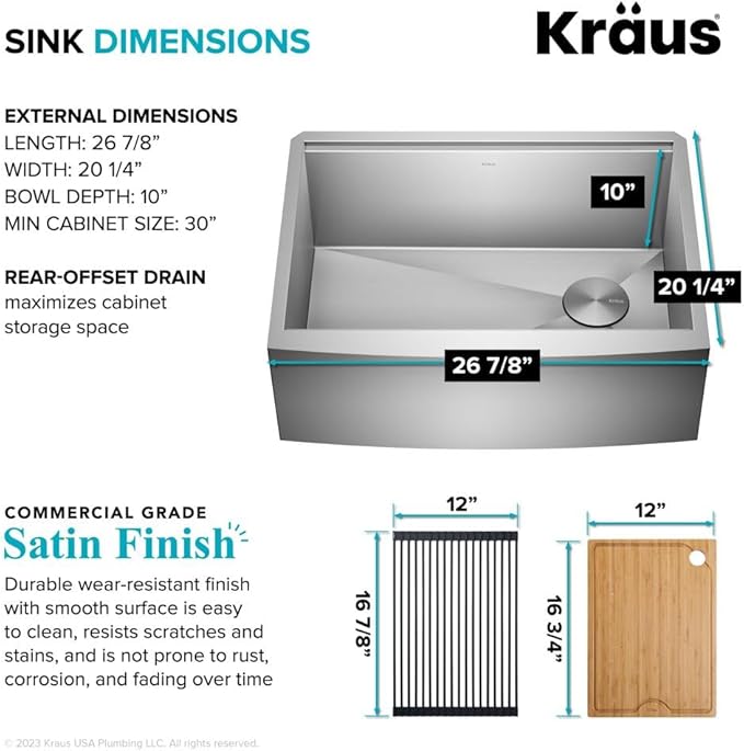 KRAUS Kore 27-Inch Farmhouse Workstation 16 Gauge Stainless Steel Kitchen Sink with Accessories, KWF210-27