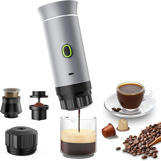 Portable Espresso Maker, Travel Coffee Maker for camping, Portable Espresso Machine with USB-C, 3-in-1 Small Espresso Machine with Ground Coffee & Capsules (NS＆DG) for RV, Hiking, Office (Silver)