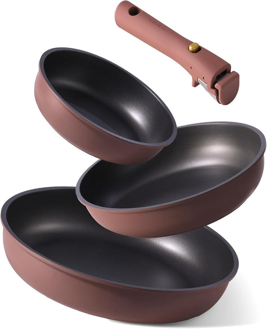 CAROTE 4pcs Non Stick Frying Pans, 8"+10"+12” Frying Pan Egg Pan Omelet Pans with Detachable Handle, Nonstick Cookware, PFOA Free, Induction Compatible & Oven Safe, Dishwasher Safe, Red