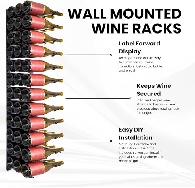 Premium Wall Mounted Metal Wine Rack - 36 Wine Bottles Holder - Modern Wine Rack, Matte Black - Space Saving for Home, Kitchen, Bar - Designed in Canada by Wine Enthusiasts