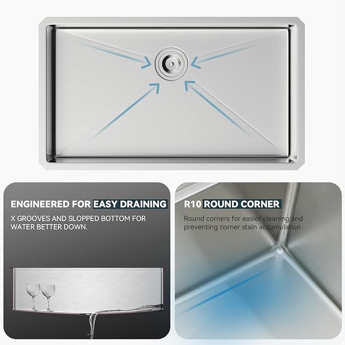 Lordear 36 inch Undermount Kitchen Sink 16 Gauge Large Stainless Steel Single Bowl Under Counter Kitchen Sinks Deep Basin 36x19x10 Inch Handmade