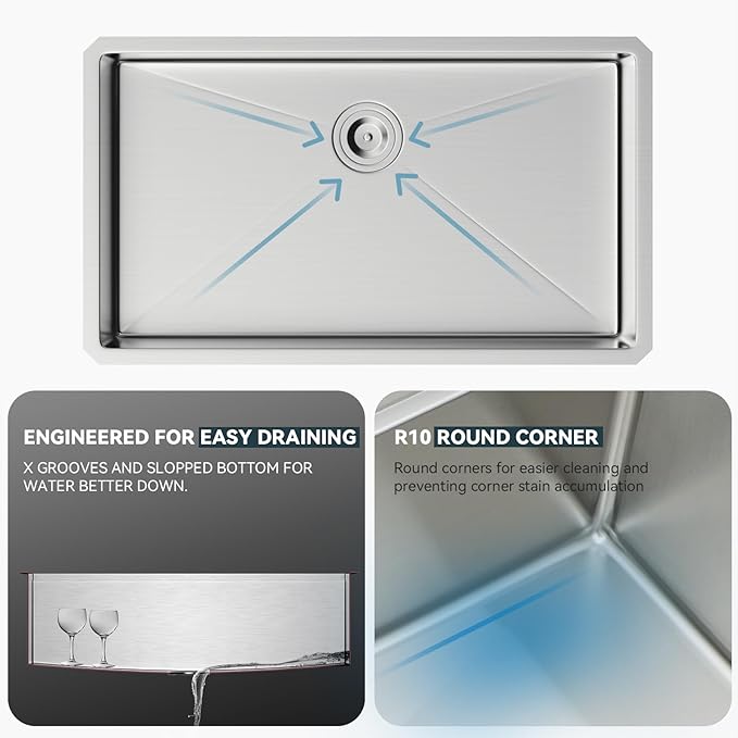 32 Undermount Kitchen Sink - Lordear 32x19 Inch Undermount Sinks Stainless Steel 16 Gauge Single Bowl Under Counter Basin Round Corner Handmade Sinks