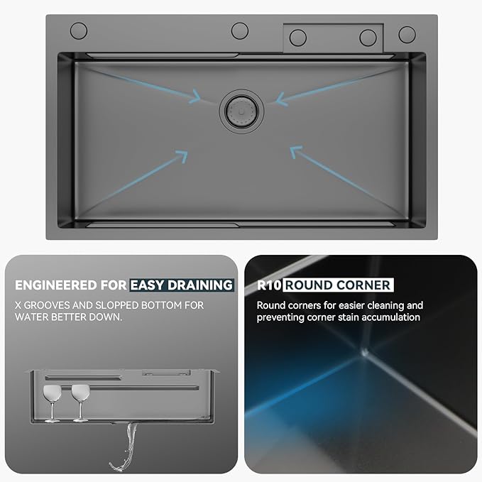 Lordear 33 Watefall Kitchen Sink Drop In - 33x19X9 Sink Stainless Steel 16 Gauge Single Bowl Multifunctional Workstation Sinks with Built-in Accessories,Glass Rinser and Faucet Included