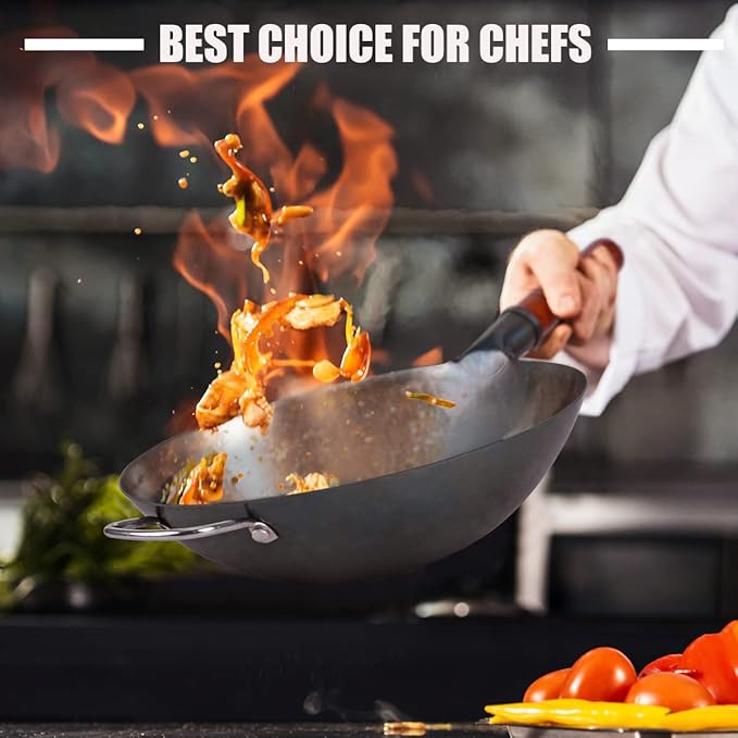 Carbon Steel Wok Traditional Hand Hammered - 13.4" Chinese Woks Round Bottom Wok Pan Set with 8 Pcs Cookware Accessories