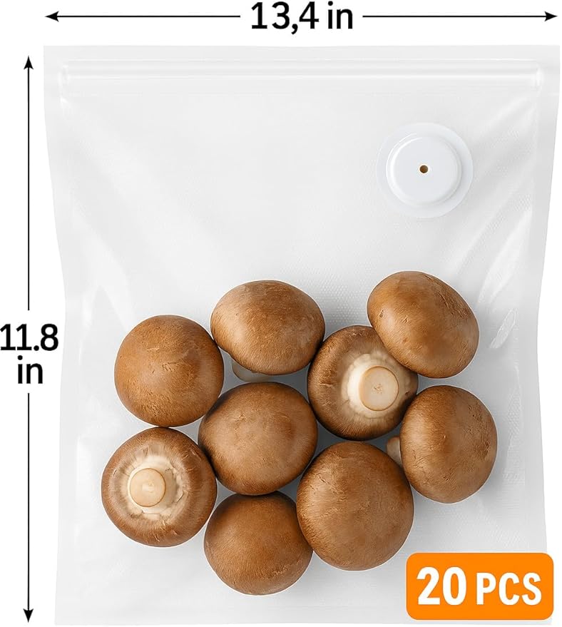 Vacuum sealer bags for food,reusable double zipper vacuum bag with air valve,suitable for sous vide cooking and microwave heating,dishwasher and freezer safe (13.4 * 11.8inch) 20pcs.
