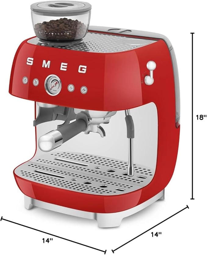 Smeg EGF03 Semi-Automatic Espresso Machine with Built-In Grinder, Dual Thermoblock, 50’s Retro Style – Red (120 V)