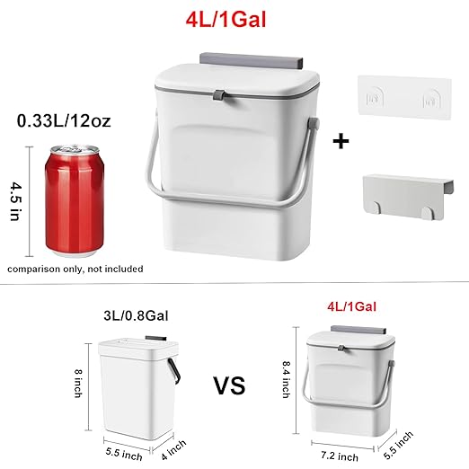 LALASTAR Small Trash Can with Lid, Kitchen Compost Bin for Countertop or Under Sink, Plastic Hanging Waste Basket for RV/Office/Bedroom/Dorm, Mountable, 4L/1 Gal, White